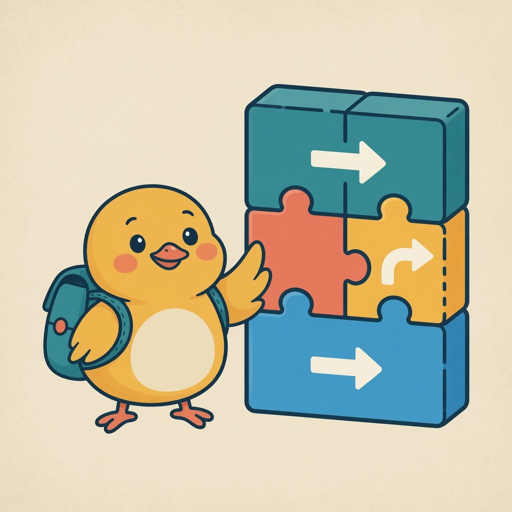 Pip the mango chick standing next to colorful coding blocks